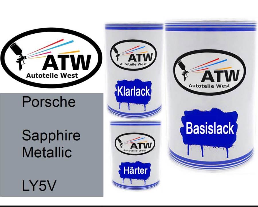 Porsche, Sapphire Metallic, LY5V: 500ml Lackdose + 500ml Klarlack + 250ml Härter - Set, von ATW Autoteile West.